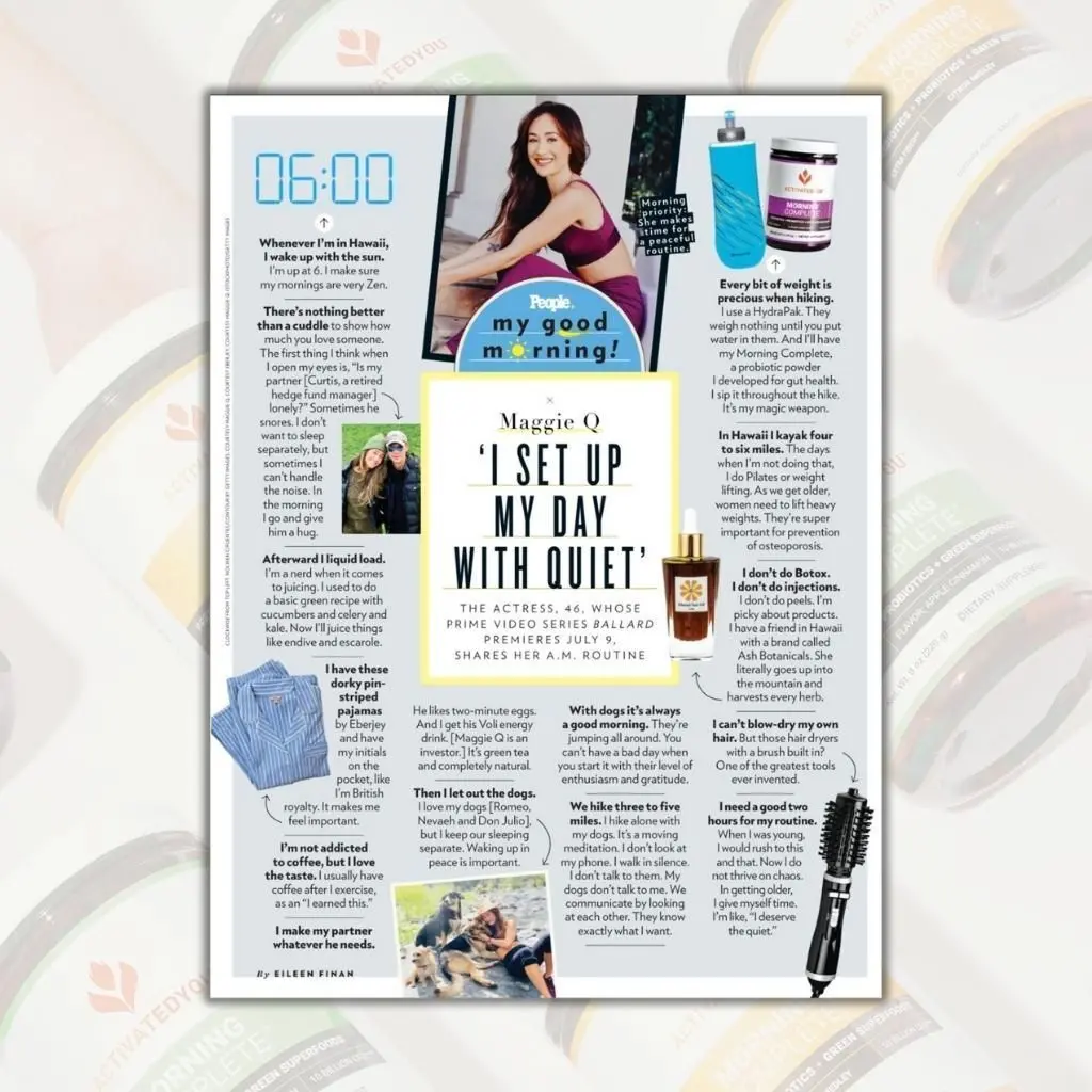 A page from People Magazine featuring Maggie Q's AM routine
